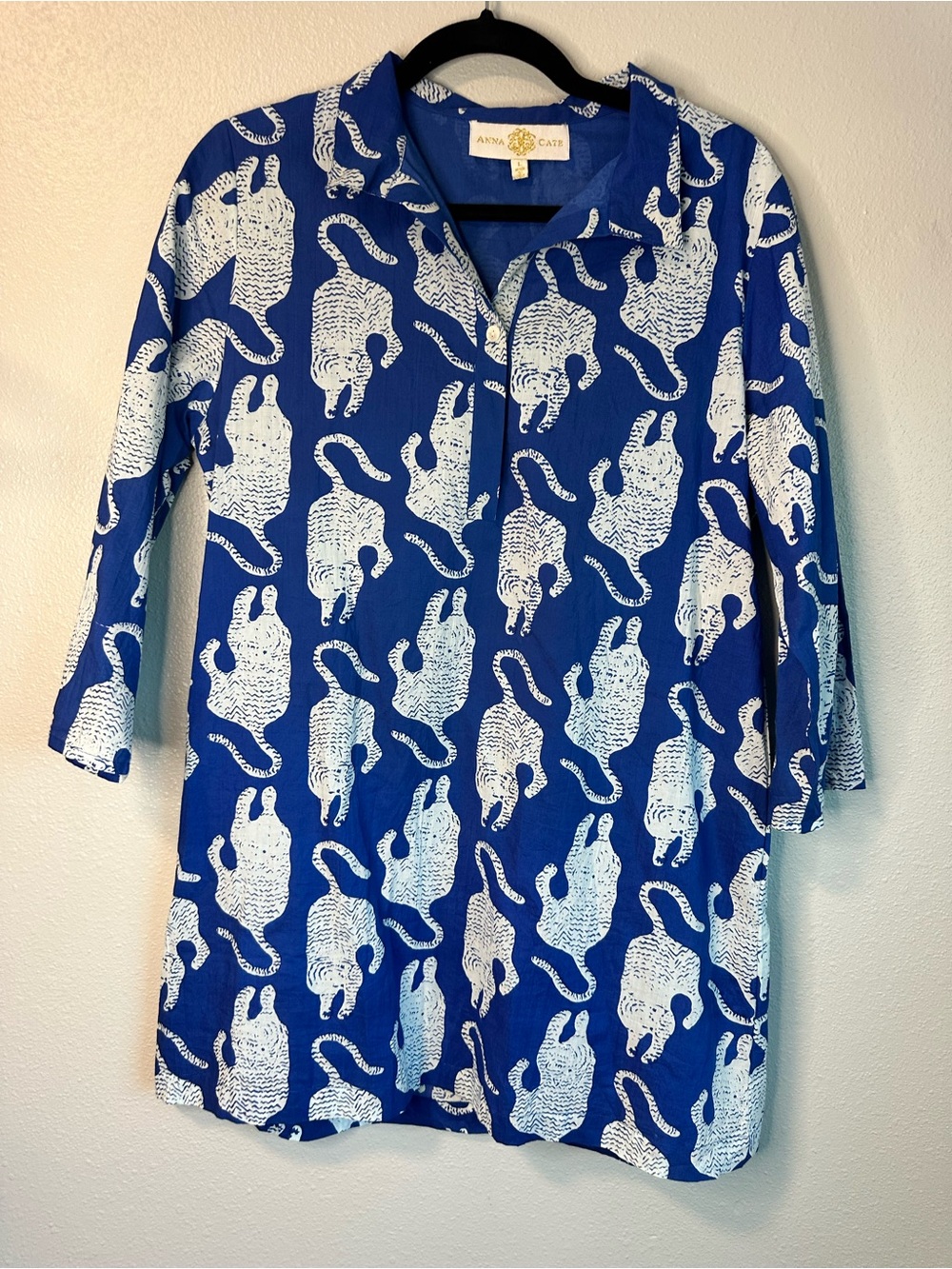 Anna Cate Blue White Tiger Print 3/4 Sleeve Tunic Dress